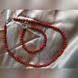 Vintage Handmade Red Coral & Sterling Silver Necklace & Bracelet